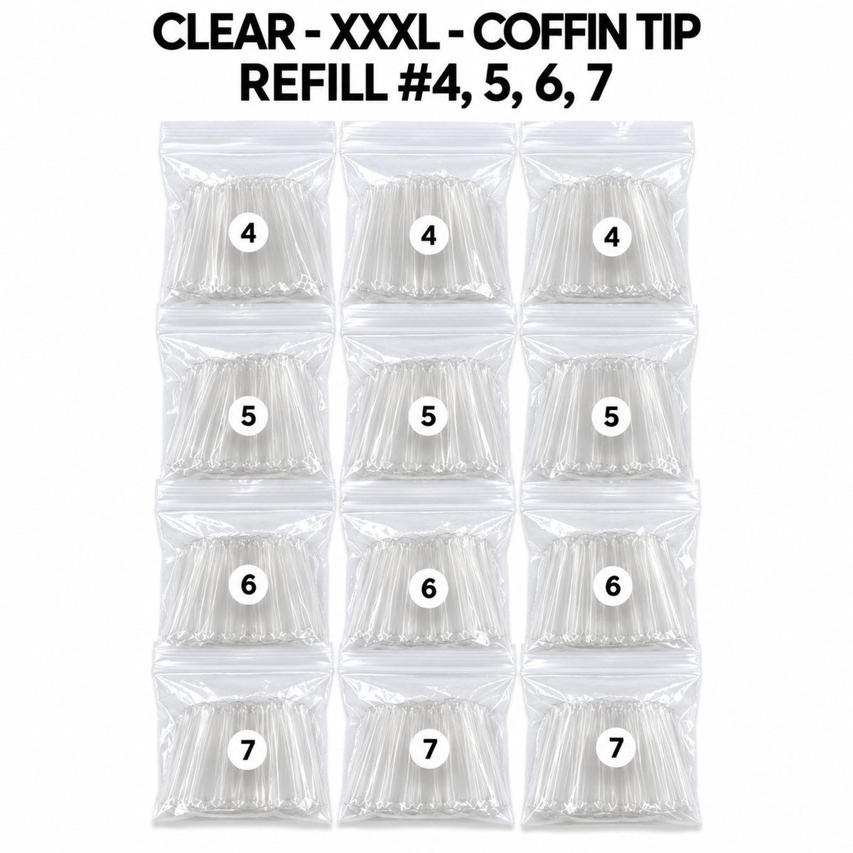 CLEAR XXXL COFFIN TIP REFILL #4, 5, 6, 7 (3 SMALL BAGS/ EACH)