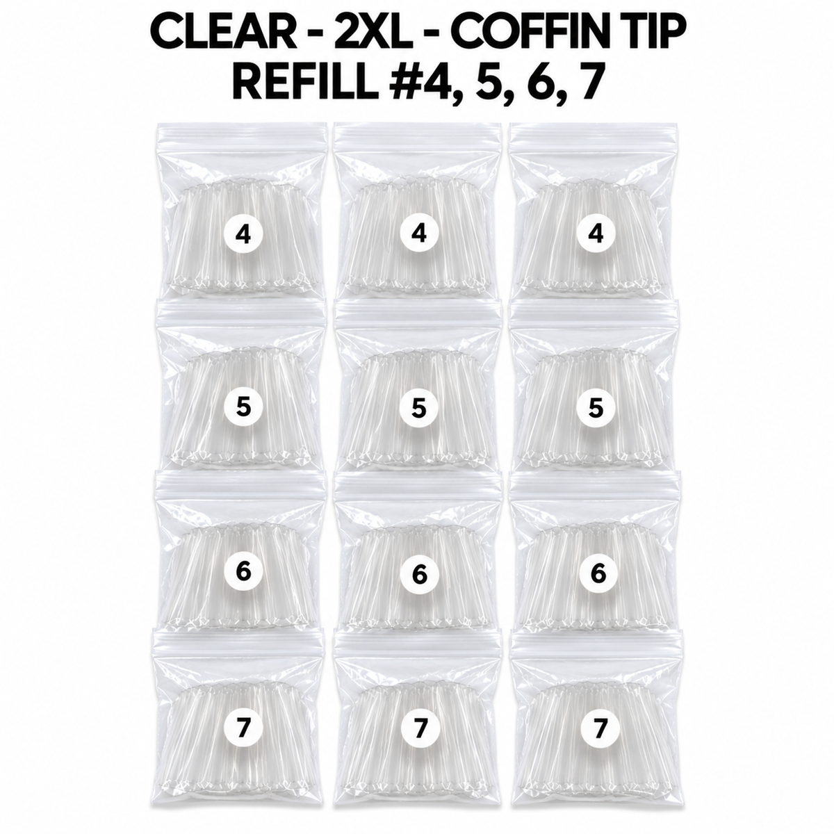 CLEAR XXL COFFIN TIP REFILL #4, 5, 6, 7 (3 SMALL BAGS/ EACH)