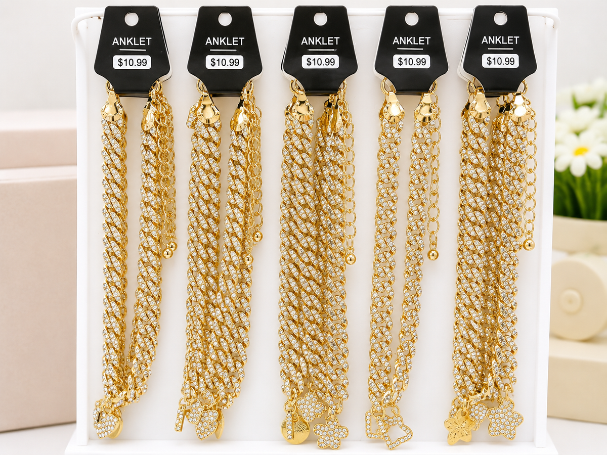 JJ Jewelry - 14K Gold Solid - Made in Korea - Stone Anklet -Gold