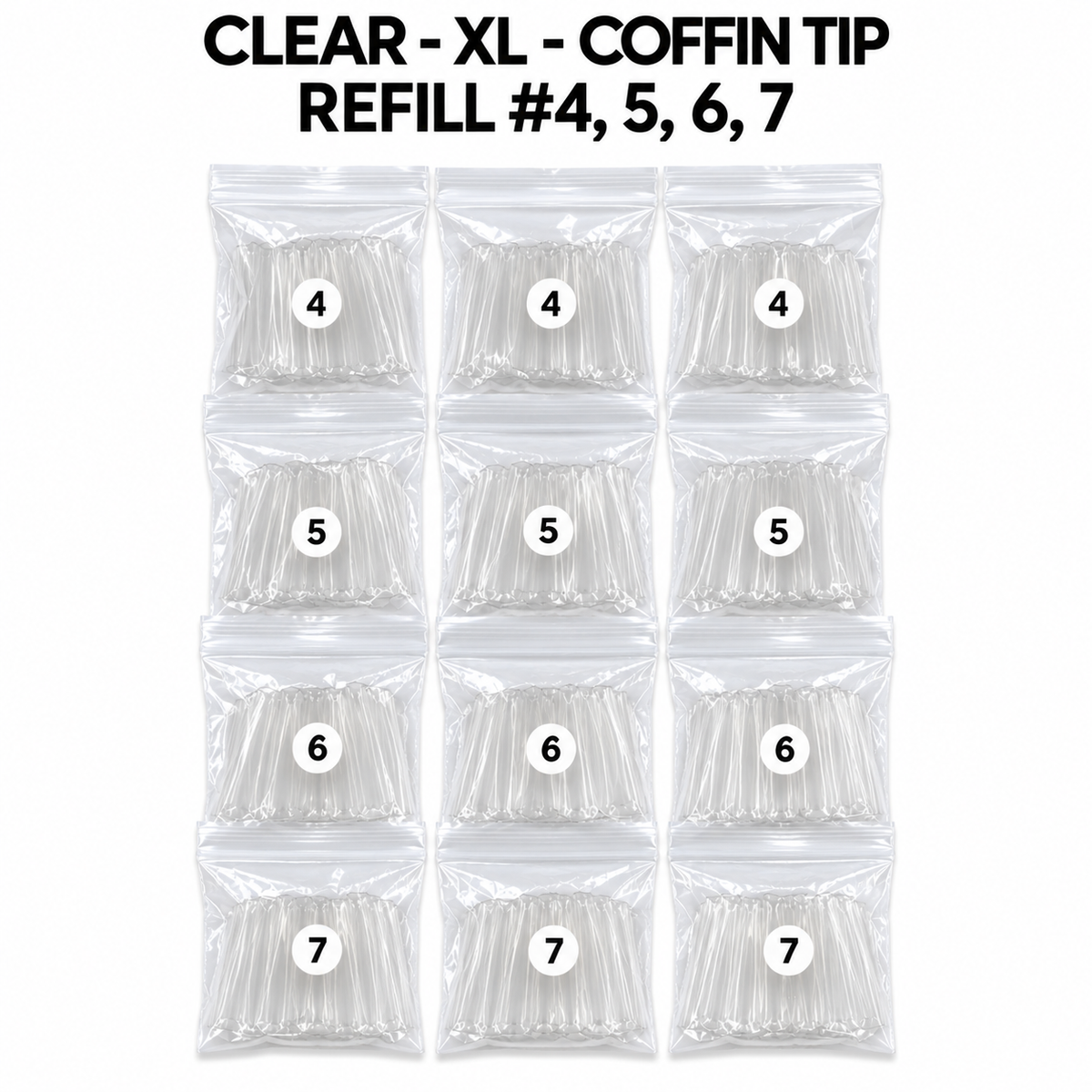 CLEAR XL COFFIN TIP REFILL #4, 5, 6, 7 (3 SMALL BAGS/ EACH)