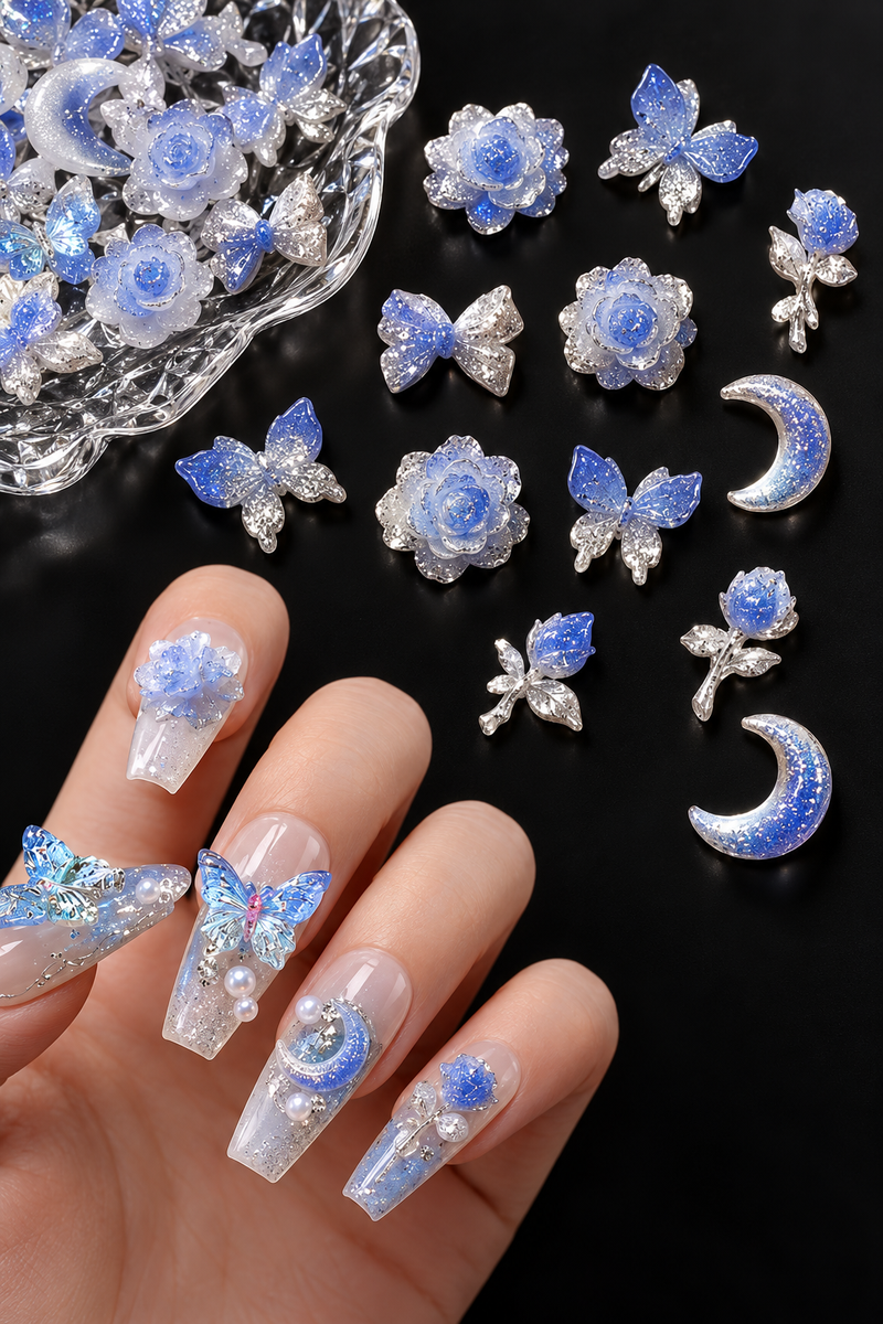 Icy blue nail charms manicure