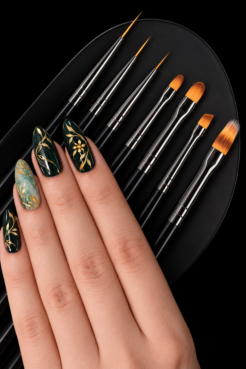 Nail art brushes and emerald manicure