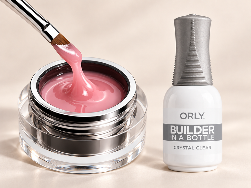 Builder gel bottle with glossy pink gel nails