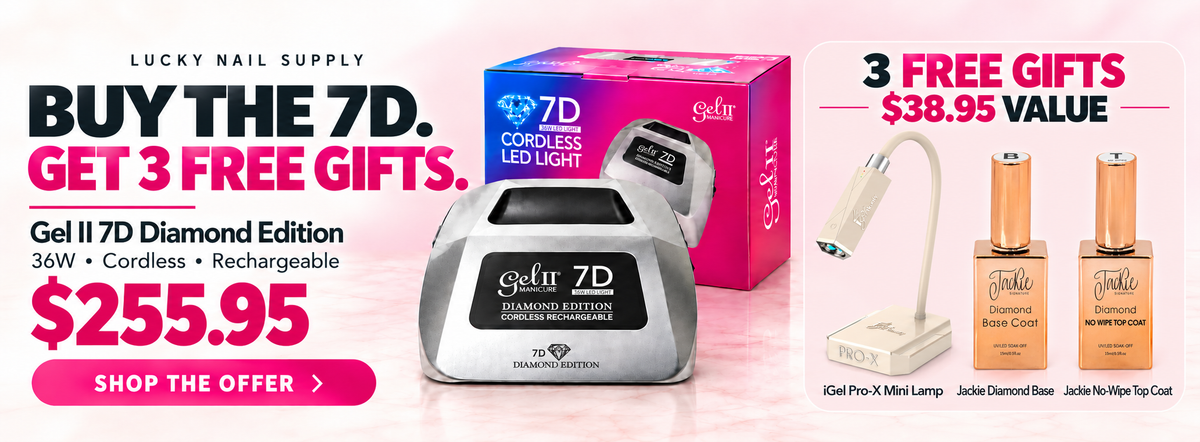 Buy the Gel II 7D Diamond Edition cordless LED lamp, $255.95, and get 3 free gifts ($38.95 value): iGel Pro-X Mini Lamp, Jackie Diamond Base Coat and No-Wipe Top Coat