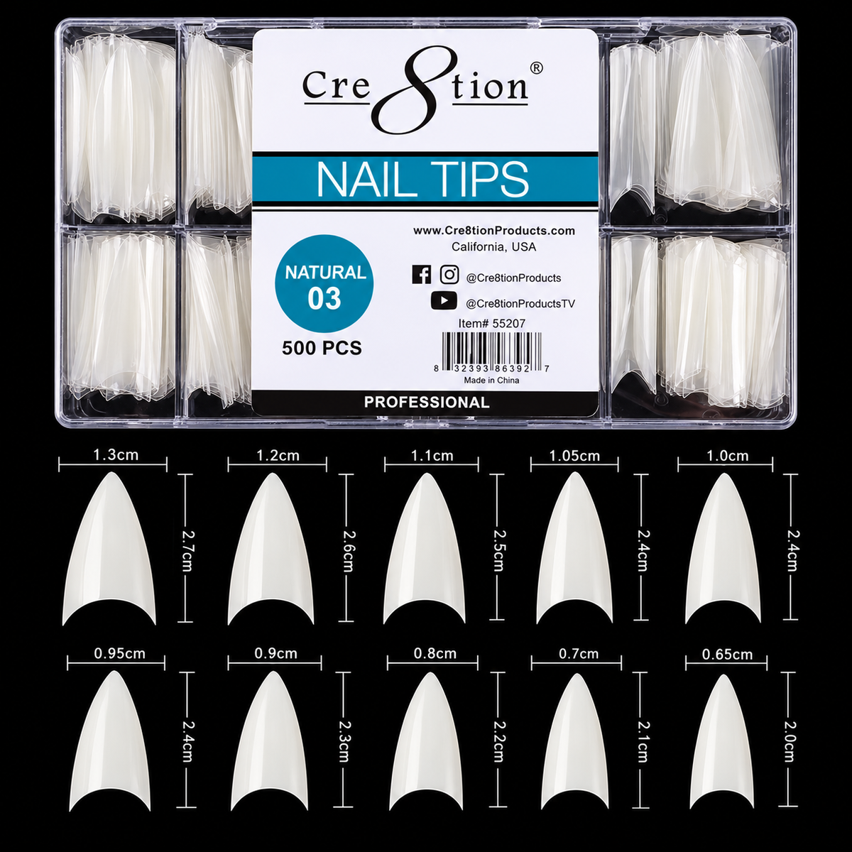 CRE8TION | NATURAL STILETTO NAIL TIP SHORT 03 (500PCS/BOX)