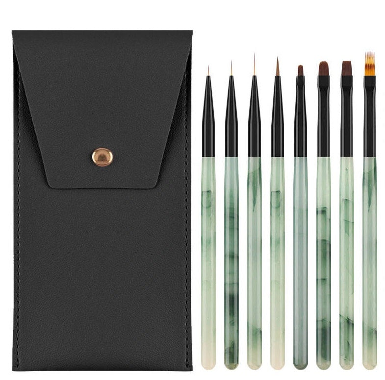 Nail Art Brush Set - With Leather Holder - Green Marble (8PCS)